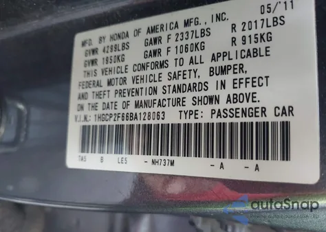 2011 Honda Accord 2.4 Se from USA, damaged, VIN 1HGCP2F66BA128063